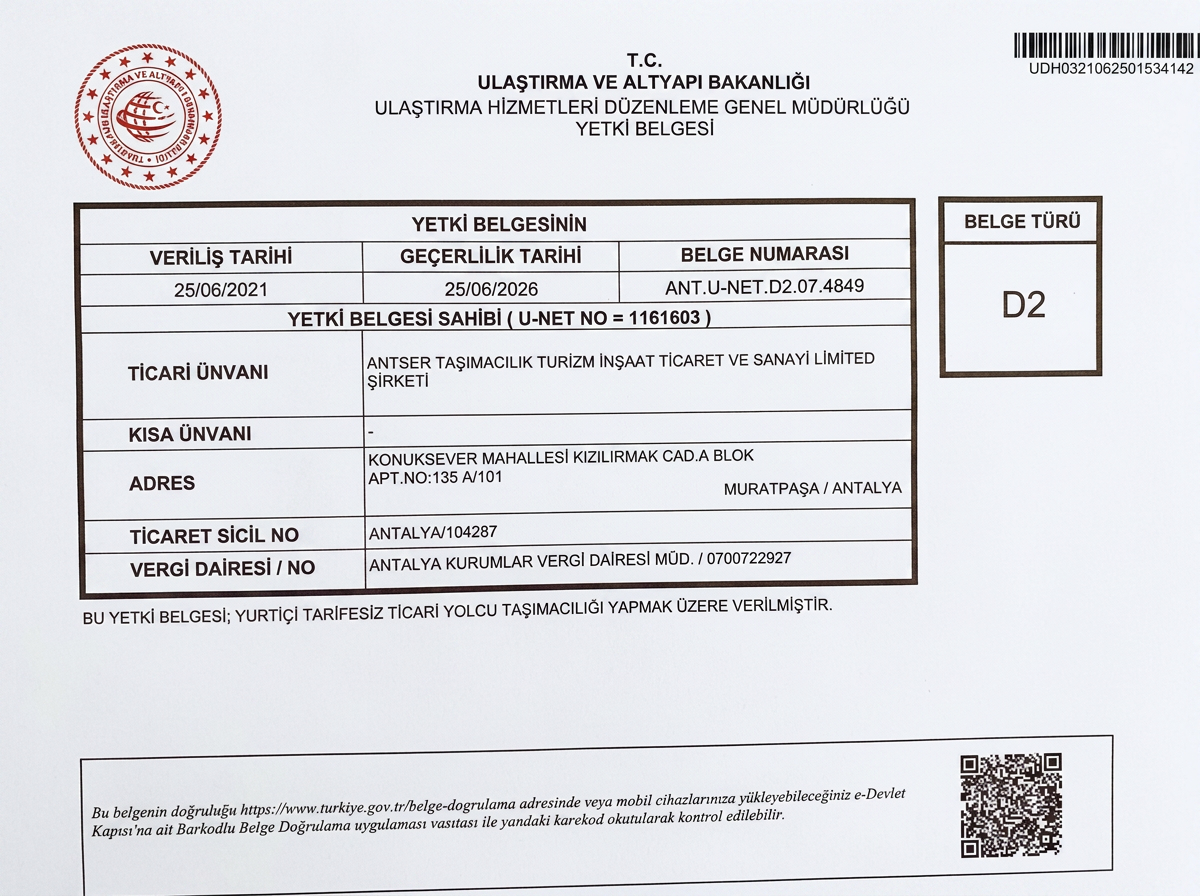 D2 Yetki Belgesi – T.C. Ulaştırma ve Altyapı Bakanlığı