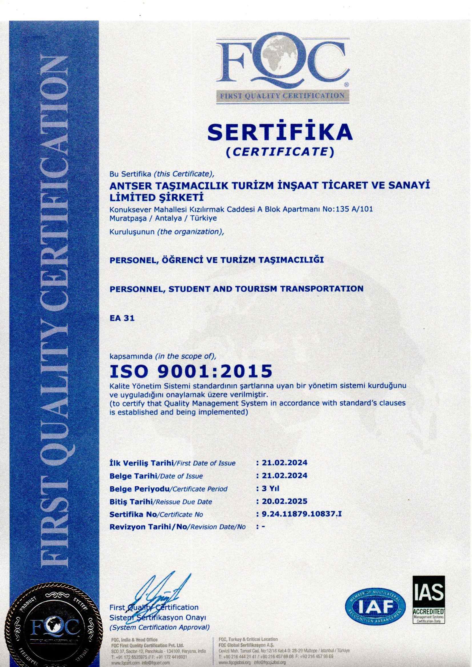 ISO 9001:2015 – Kalite Yönetim Sistemi