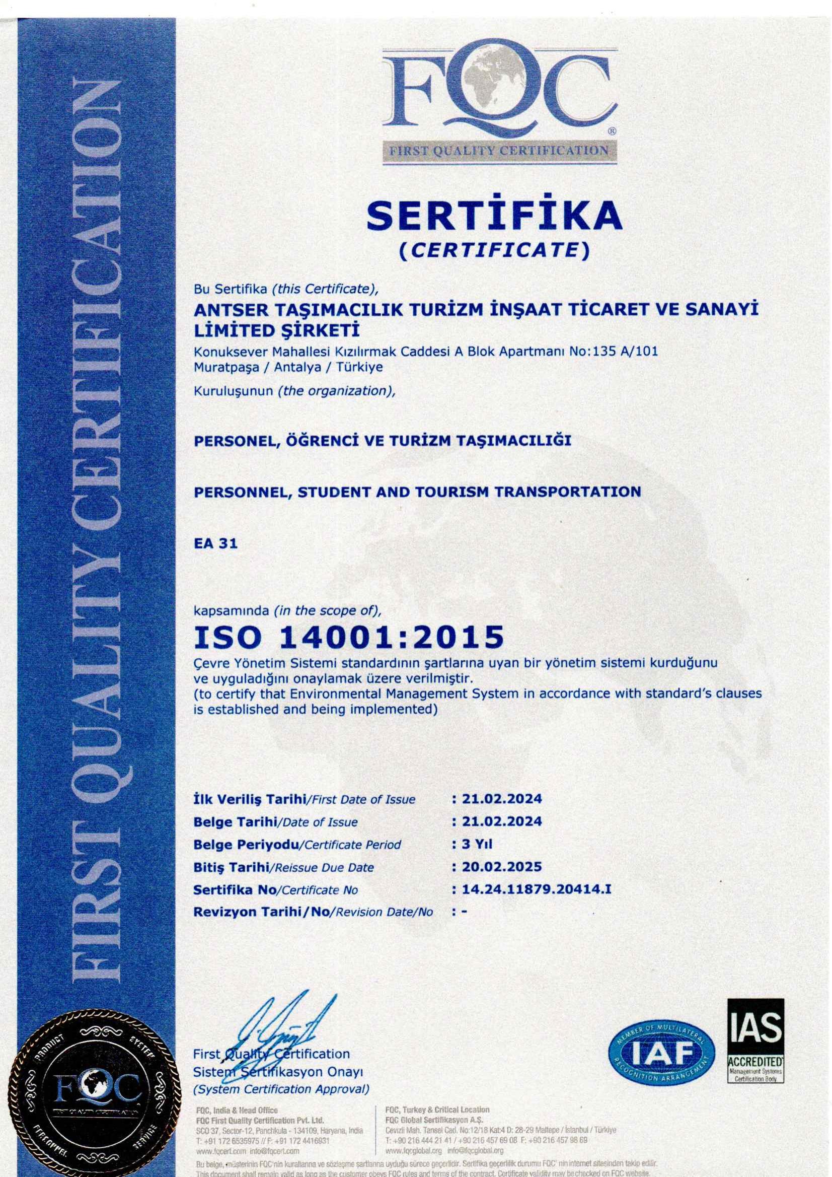 ISO 14001:2015 – Çevre Yönetim Sistemi